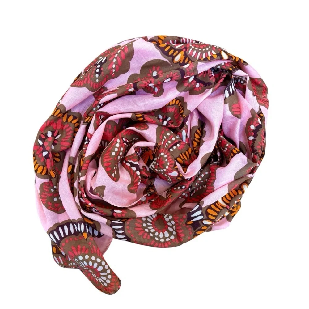 Vintage Echo Paisley Floral 100% Cotton Scarf Wrap Oblong PInk Brown Retro